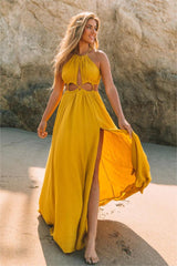 Cailey Cutout Halter Maxi Dress - Moss Yellow