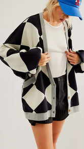 Black White Geo Print Knit Cardigan