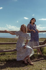 Blue Floral Short Sleeves Midi Dress