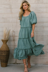 Green Solid Tiered Midi Dress