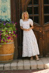 Pink Floral Short Sleeves Midi Dress