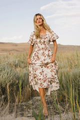 Dorothea Floral Midi Dress in Mocha