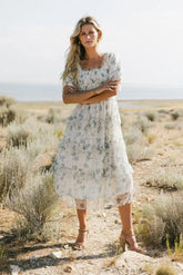 Green Floral Short Sleeves Midi Dress