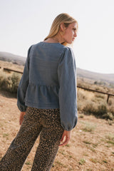 Maggie Peplum Tie Blouse in Medium Wash