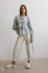 Maggie Peplum Tie Blouse in Light Wash