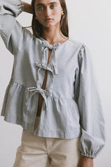 Maggie Peplum Tie Blouse in Light Wash