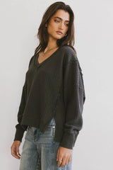 Ellis Waffle Knit Top in Charcoal