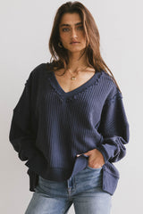 Ellis Waffle Knit Top in Navy