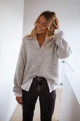 Light Grey Ribbed Knit Collared Sweater
