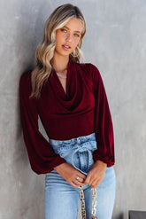 You Go Girl Cowl Neck Drape Bodysuit - Wine