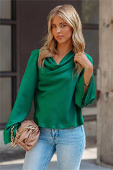 Booked Solid Satin Cowl Neck Blouse - Green
