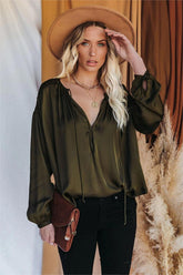 Riker Satin Frayed Blouse - Olive