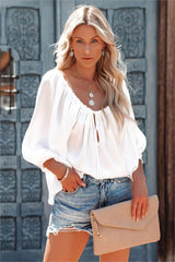 Everly Satin Drawstring Blouse - White