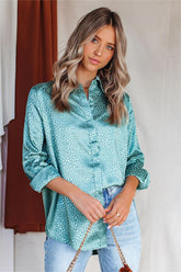 Blue Moon Satin Embossed Button Down Blouse - Jade