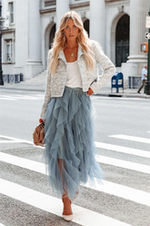 Allegro Ruffle Tulle Midi Skirt - Grey Blue