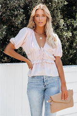 Born To Shine Satin Ruffle Blouse - Blush