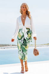 Greenwood Palm Print Wrap Midi Skirt