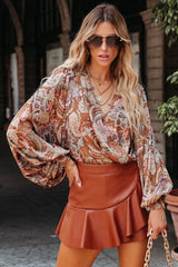 Coffee Paisley Print Surplice Bodysuit