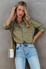Kingdom Satin Embossed Button Down Blouse - Moss