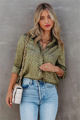 Kingdom Satin Embossed Button Down Blouse - Moss