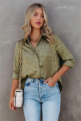 Kingdom Satin Embossed Button Down Blouse - Moss