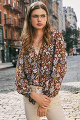 Brown Floral Surplice Bodysuit