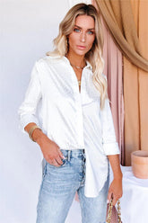 Blue Moon Satin Embossed Button Down Blouse - Ivory