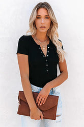 Janie Ribbed Henley Bodysuit - Black