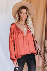 Riker Satin Frayed Blouse - Terracotta