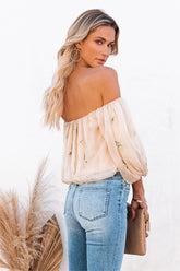 Villa Off The Shoulder Embroidered Chiffon Blouse