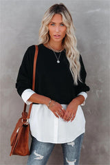 Kiersten Cotton Contrast Poplin Knit Top - Black