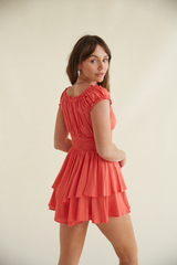 Coral Mackenzie Corset Puff Sleeve Ruffle Romper