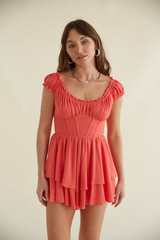 Coral Mackenzie Corset Puff Sleeve Ruffle Romper