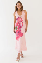 Pink Rose Print Midi Dress