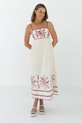 Red Floral Silhouette Print Midi Dress