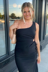 Black One Shoulder Midi Dress