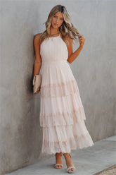 Blush Affection Pleated Tiered Lace Maxi Dress