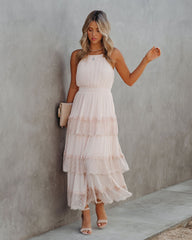 Blush Affection Pleated Tiered Lace Maxi Dress