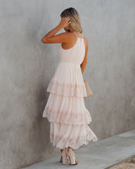 Blush Affection Pleated Tiered Lace Maxi Dress