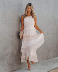 Blush Affection Pleated Tiered Lace Maxi Dress