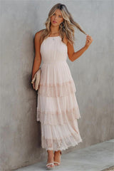 Affection Pleated Tiered Lace Maxi Dress - Blush