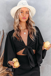 Angel Dust Bell Sleeve Tie Front Crop Top - Black