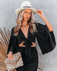Angel Dust Bell Sleeve Tie Front Crop Top - Black
