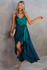 Ansley Satin Colorblock High Low Maxi Dress - Green Navy