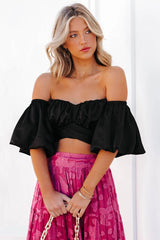 Aspiring Satin Off The Shoulder Crop Top - Black