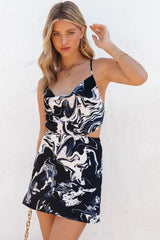 Ayesha Satin Marble Print Mini Dress - Navy