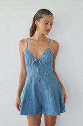 Blue Front Tie Denim Romper