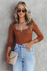Billie Ribbed Long Sleeve Bodysuit - Camel