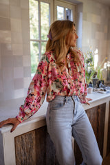 Red Rosy Print Chiffon Blouse