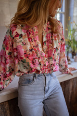 Red Rosy Print Chiffon Blouse